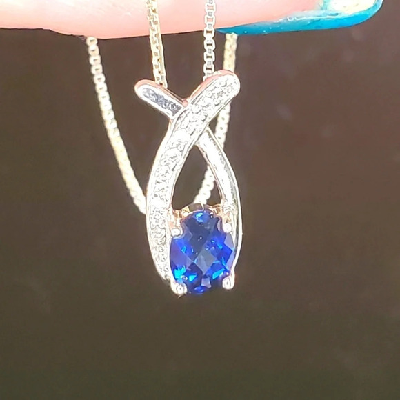 Jewelry - 0202. Brilliant 🔷️ Blue Sapphire Set in Sterling🥈with CZ Accents & 16" Chain